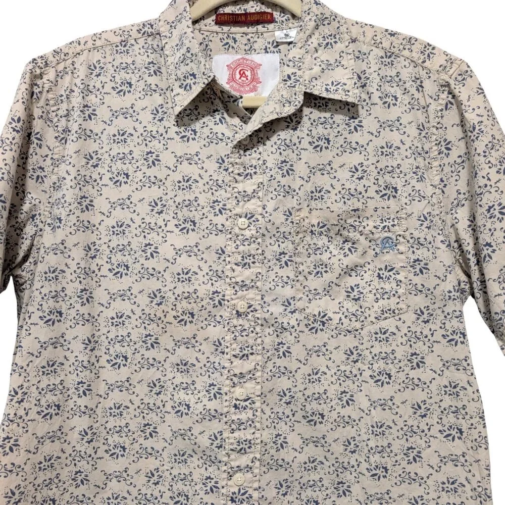 Christian Audigier Mens Size L White Blue Abstract Floral S/S Button Up Shirt - Picture 4 of 11